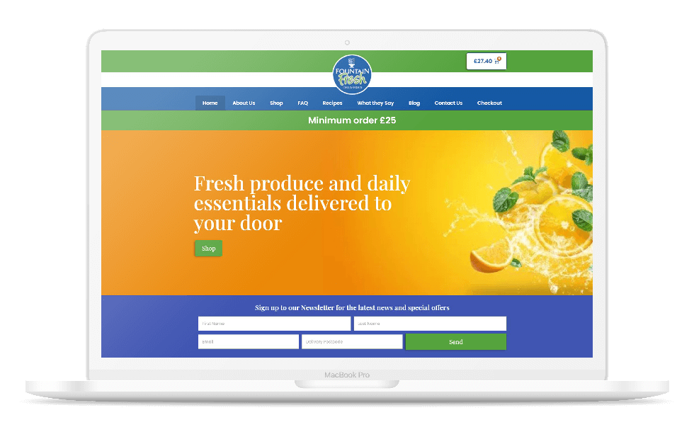 Fountain Fresh Delivery online shop homepage on a laptop