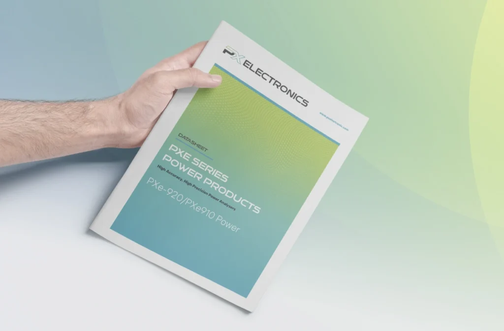 Professional cover design for a PX Electronics high-precision power products datasheet featuring a modern green and blue gradient.