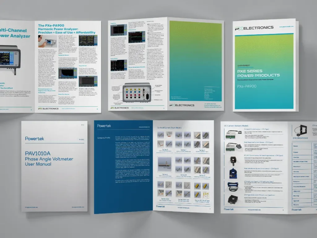 A collection of redesigned technical datasheets and brochures for Powertek and PX Electronics showing a consistent, modern layout.