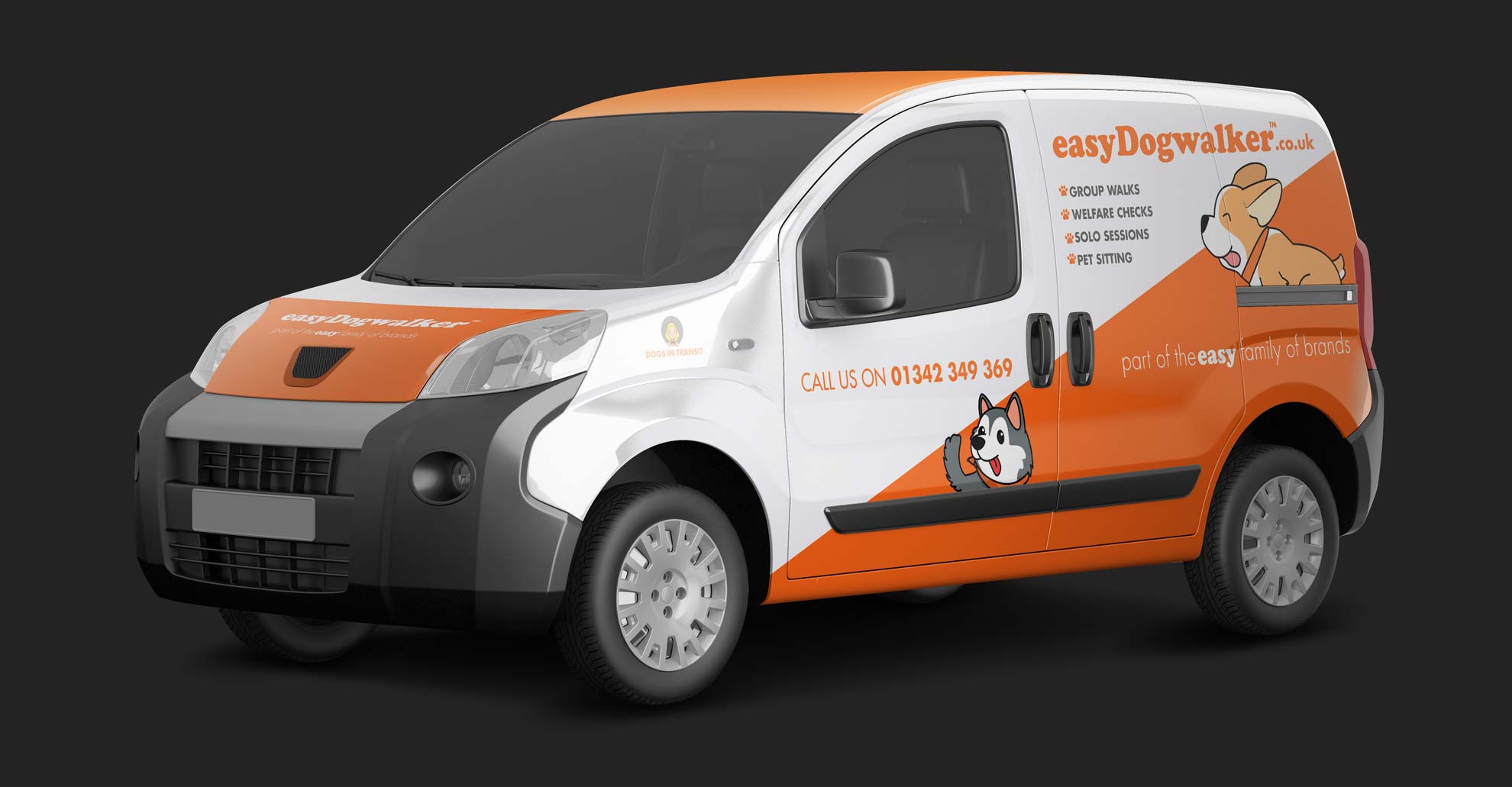 EasyDogwalker orange and white branded service van.
