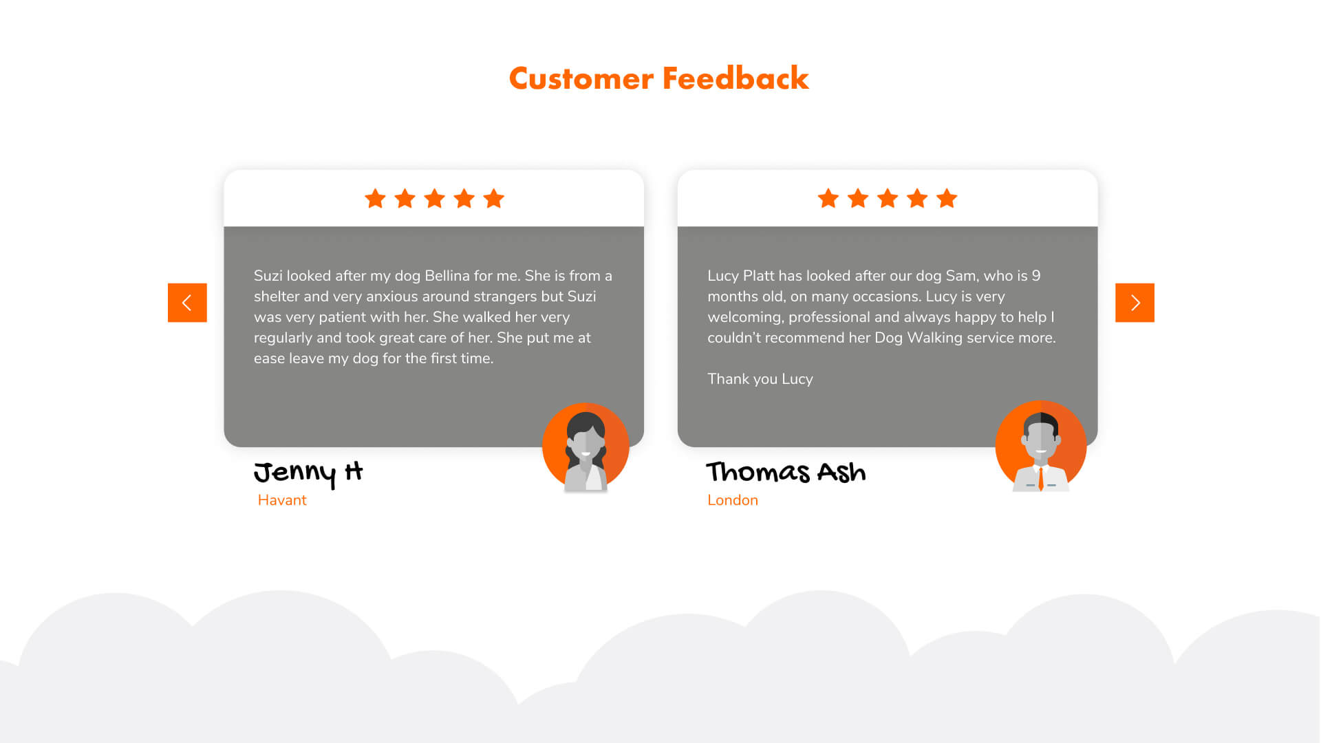 EasyDogwalker customer feedback carousel with five-star reviews.