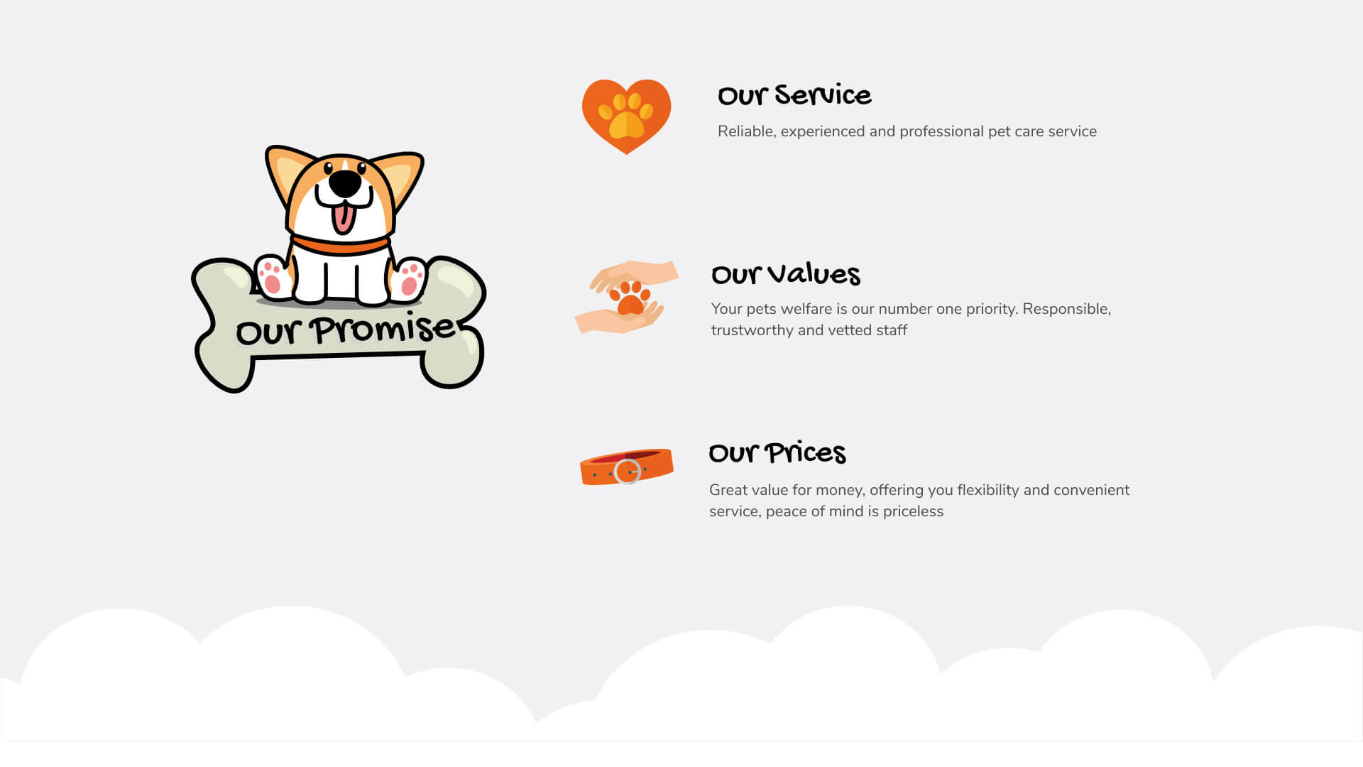 EasyDogwalker website values section showing service, values and pricing promises.