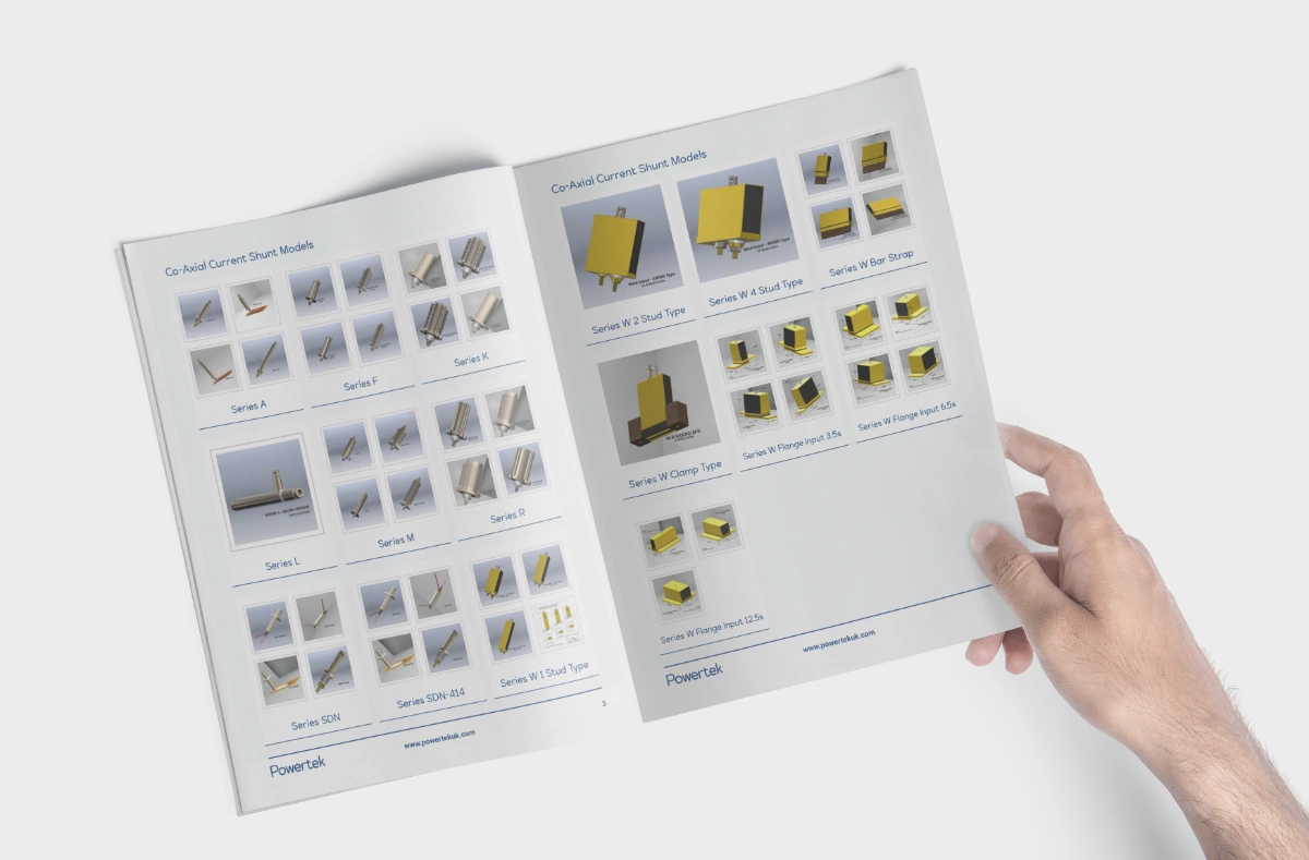 Inner page of a Powertek product catalogue using a clean grid for measurement equipment imagery.