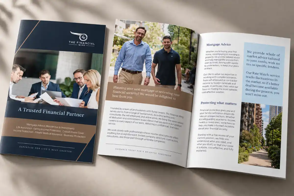 The Financial Wing brochure cover and open spread presenting mortgage advice and financial protection services.